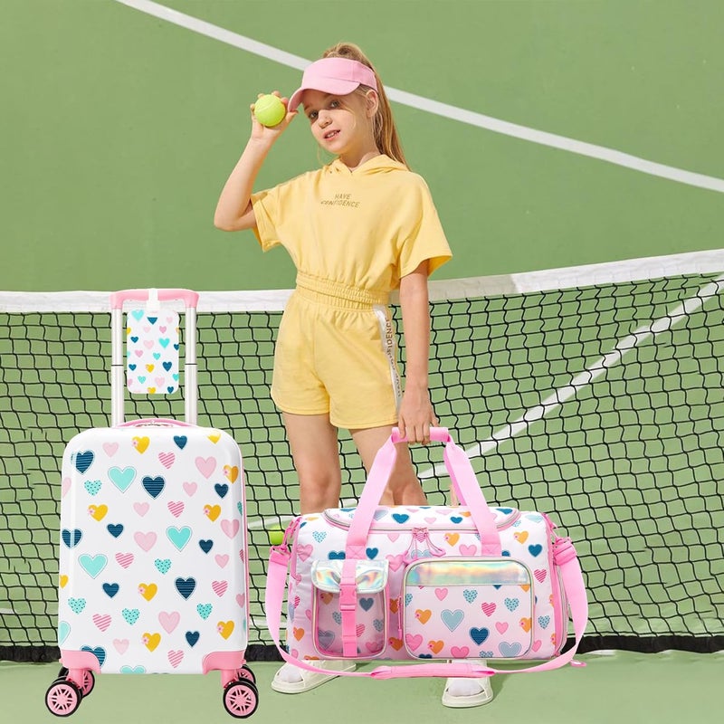 Esteemly Kid's Luggage Set 3 Piece Suitcase Set 16" Hardside Luggage with Spinner Wheels Girls Carry on Toddler Travel Rolling Suitcase with Duffle Bag Neck Pillow Airline Approved - Image 3